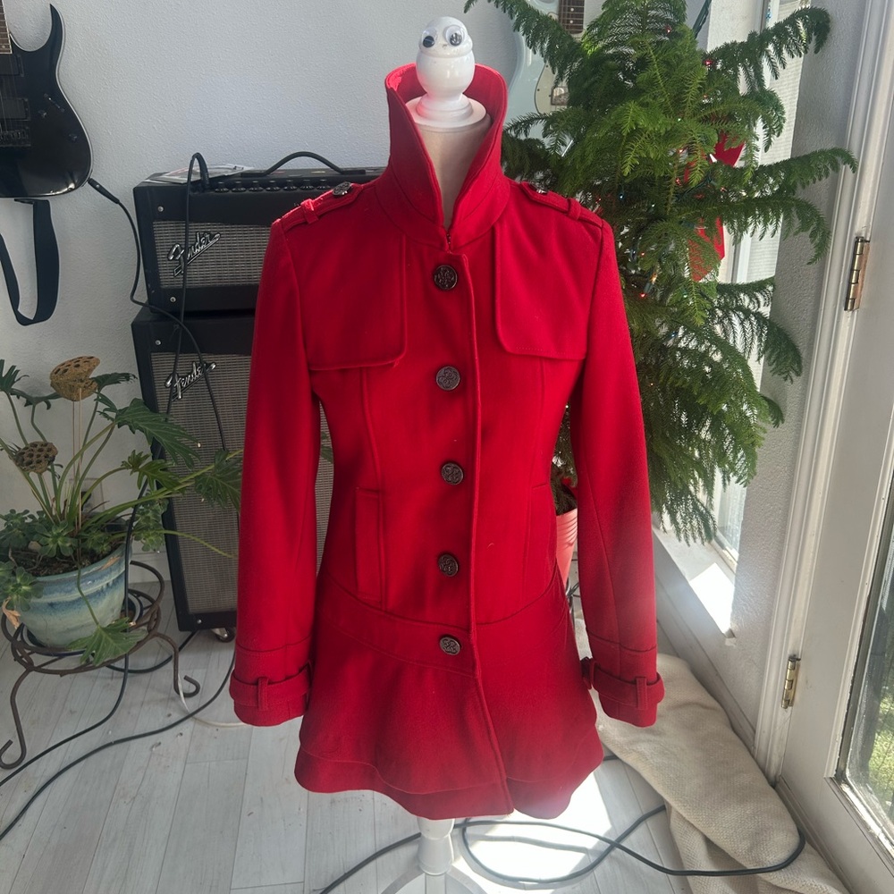 Guess Women's Peplum Wool Red Pea Coat